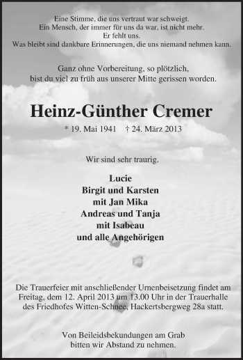 Traueranzeige von Heinz-Günther Cremer von Tageszeitung
